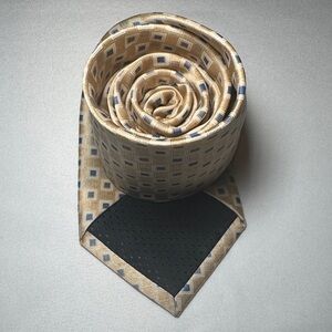 Geoffrey Beene Beige and Blue Square Pattern Handmade Silk Tie